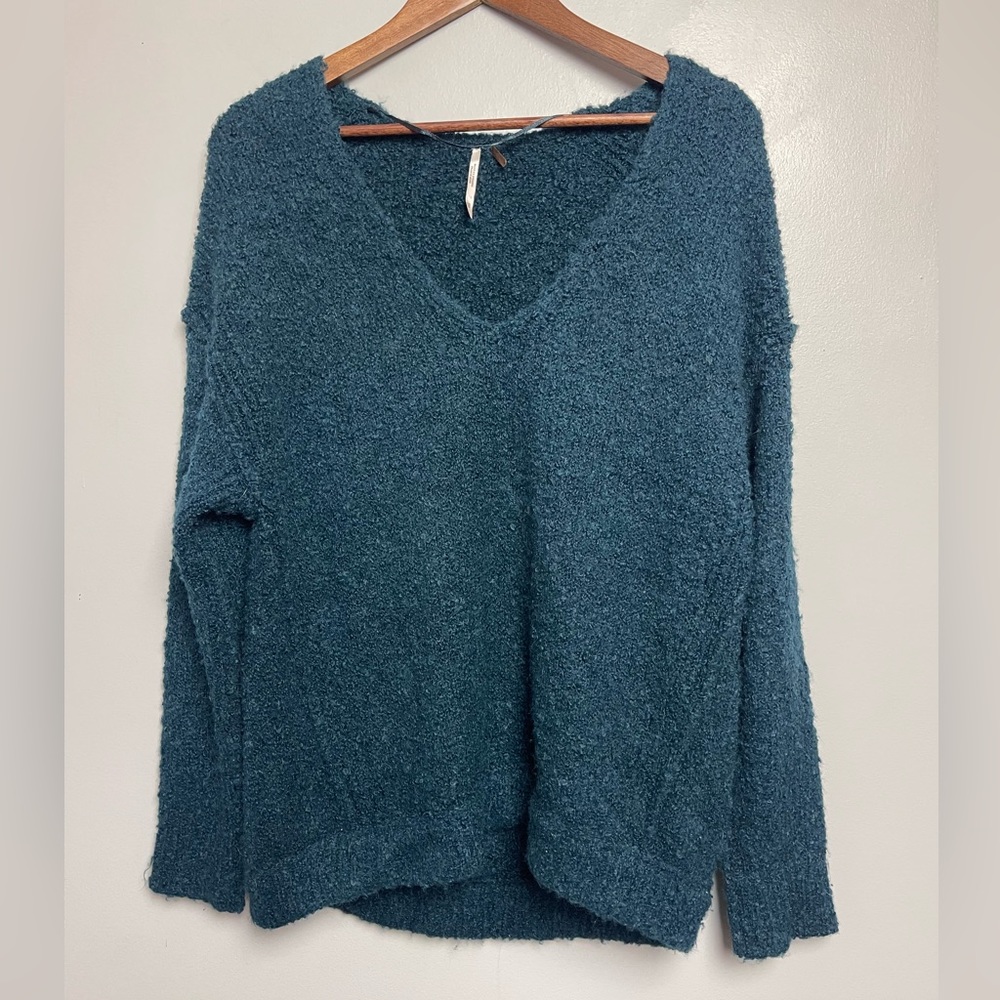 Free People Turquoise Blue Oversized V-neck Sweater Extra Small